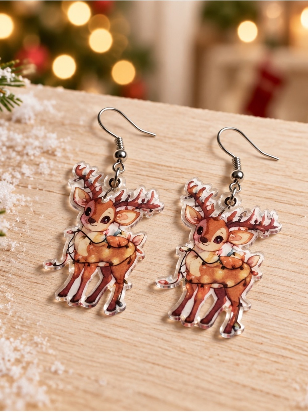 Fashion Jewelry Brown and Cream Reindeer Dangle Earrings
